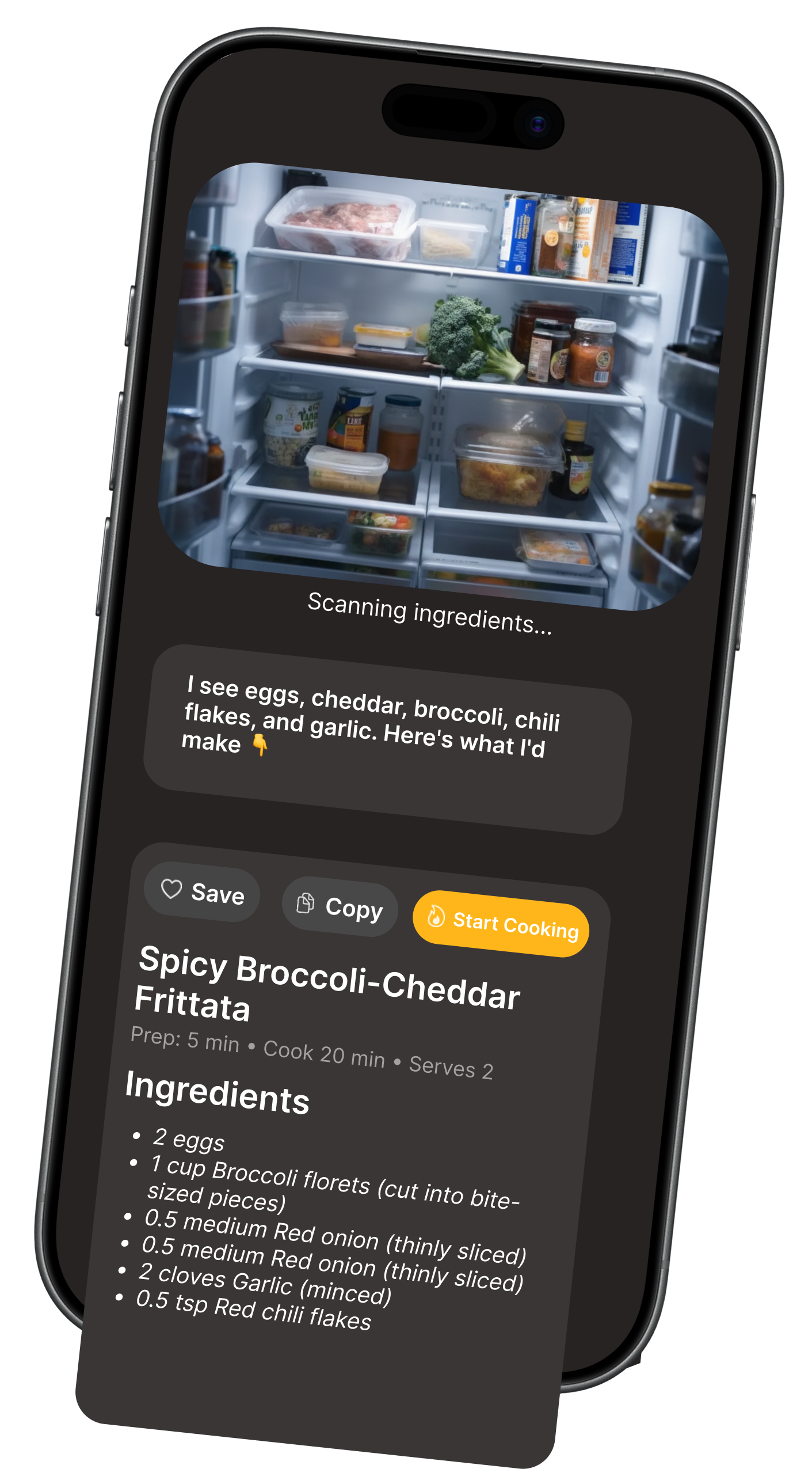 ChewIQ scanning fridge ingredients and suggesting a Spicy Broccoli-Cheddar Frittata recipe
